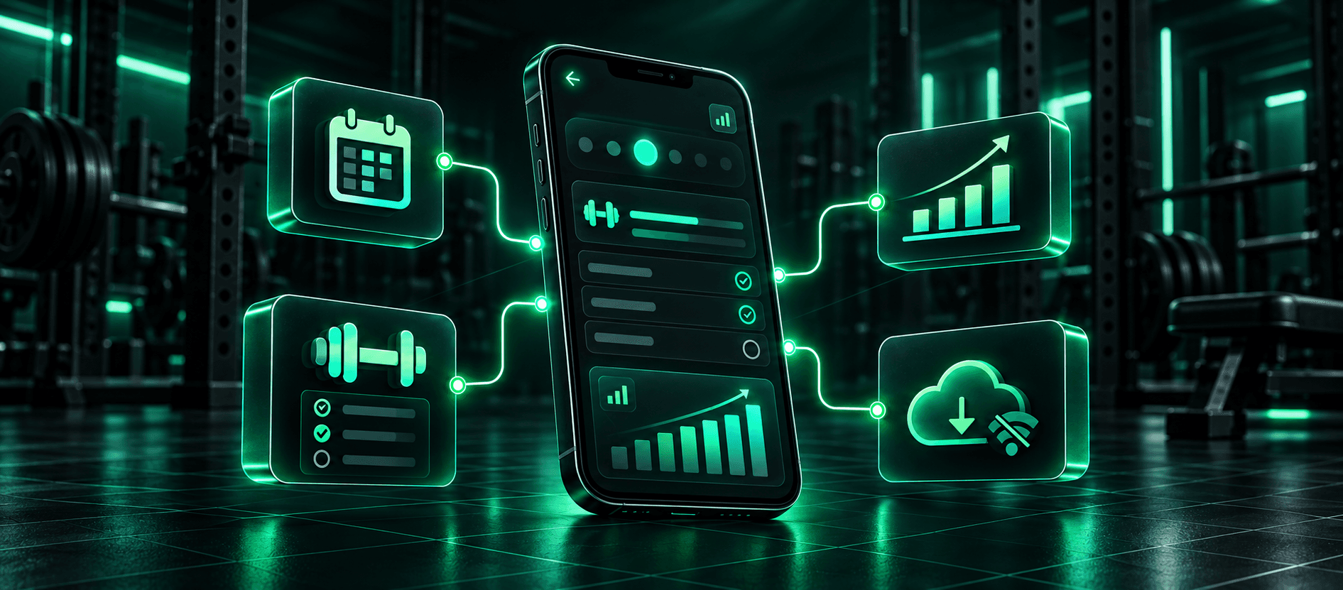 Teléfono con el panel de Gym Progress conectado a módulos de planes, series, progreso y sincronización offline